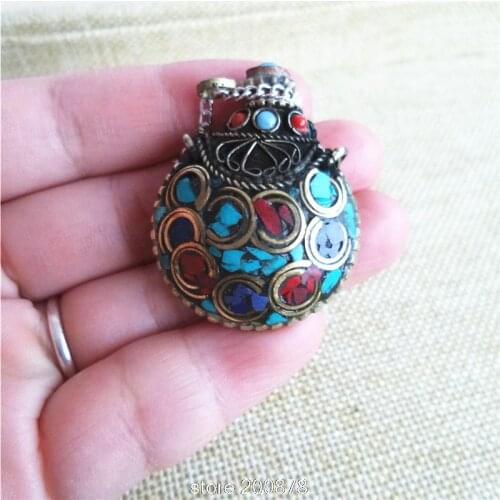 BYH024 Nepal brass lovely small snuff bottles 35*30mm Tibetan Inlaid Colorful Stone Amulet Pendants