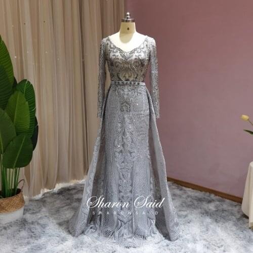 Elegant Grey Long Sleeve Arabic Evening Dress Overskirt Crystal Luxury Dubai Formal Dresses for Women Wedding Guest Party Gowns