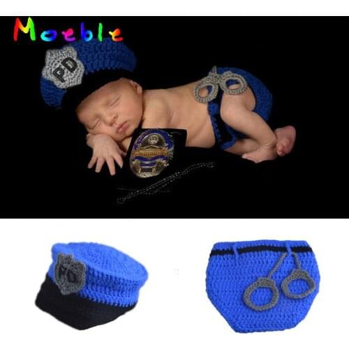 Hot SALE Newborn Baby Police Outfit Crochet Baby Police Hat&diaper with handcuffs Knitted Infant Boy Halloween Costume MZS-15067