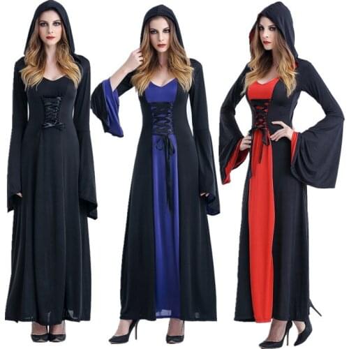 Renaissance Gothic Vampire Witch Costume Adult Fantasia Halloween Witch Hooded Fancy Party Masquerade Long Dress