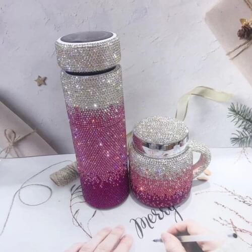 Gradient Colorful Diamond Thermos and Cup Set Coffee Mug Sparkling Water Double Wall Insulated Water Bottle LED Display Tumblers