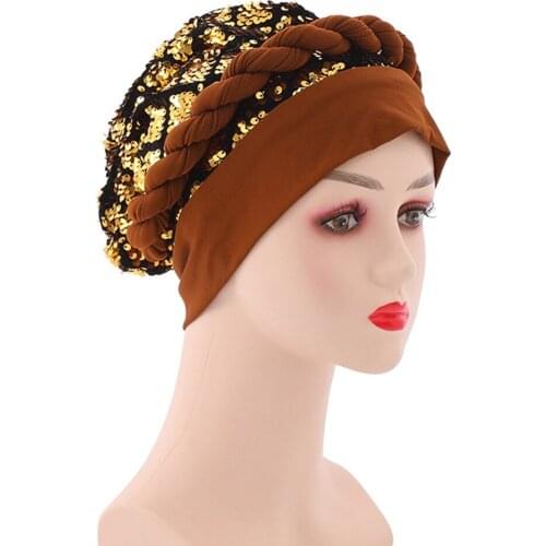 HanXi Women Turban Bonnet Milk Silk Fabric African Muslim Hat Beanie Fashion Sequins Headwear Lady Fashion Sparkly for Party
