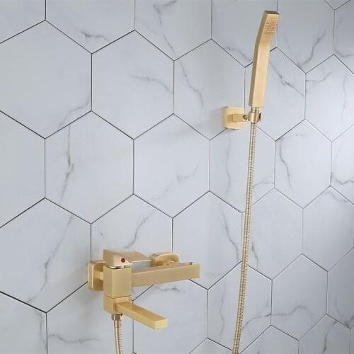 Tuqiu Bathtub Shower Set Wall Mounted Brushed Gold Bathtub Faucet, Bathroom Cold and Hot Bath and Shower Mixer Taps Brass