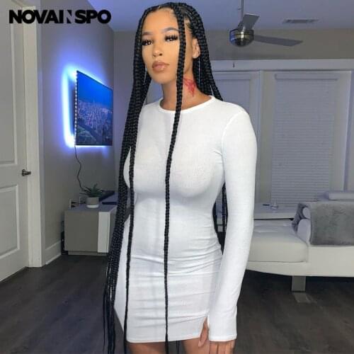 NOVAINSPO Solid Nightclub Bodycon Mini Dresses Ribbed Long Sleeve Sexy Women Elegant Outfits Skinny 2021 Fashion Dress One Piece