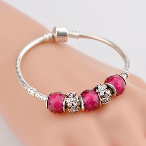 NEW Genuine 925 Sterling Silver Bracelet For Set Women Red flirtatious flower Lei birthday Gift charm Bead Jewelry DIY bangle
