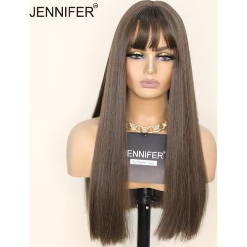 22inch Long Straight Synthetic Wig with Bangs Brown/Linen 2 Color High Temperature Fiber Cosplay Party Daily Wigs for Women