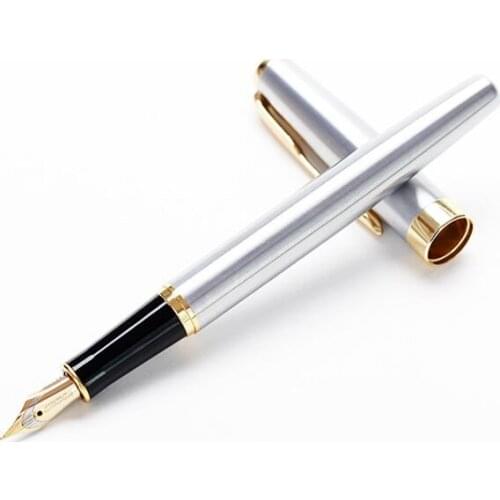 BAOER 388 Classic Stainless Steel Business Medium Nib Fountain Pen New Silver Golden Trim M Nib Ink Pen Nibs for Fountain Pens