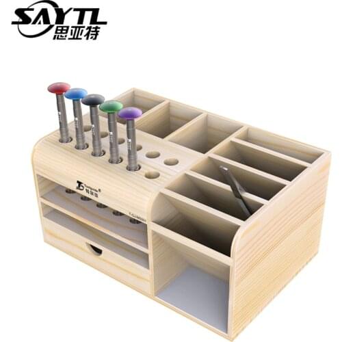 SAYTL Repair Tool Box multifunctional Mobile Phone repair wood Storage Box Screwdriver Tweezers Electronic Maintenance Tool Box