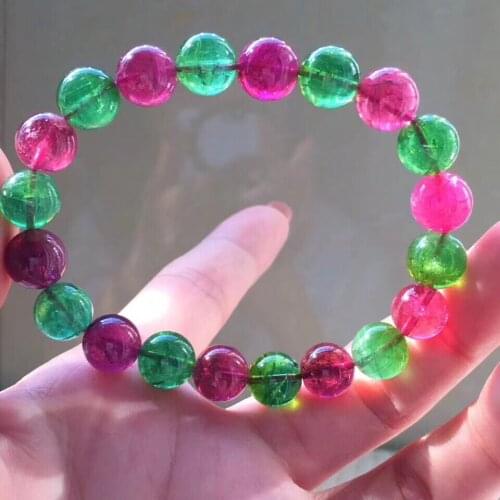 Certificate Natural Green Red Tourmaline Quartz Crystal Round Beads Stretch Bracelets Healing Bangles 10mm AAAAA Certificate