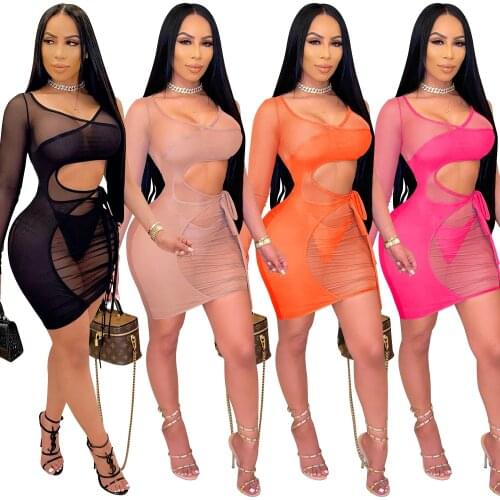 Zoctuo Mesh See-Through Women Dress Fashion Solid Sexy Bodycon Dress Long Sleeve Dress Club Party Dresses For Women Lace Up