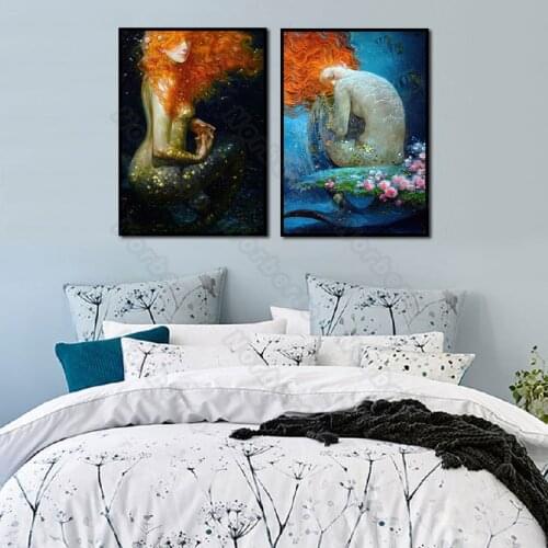 Nordic Style Canvas Painting Poster Print Abstract Figure Picture Semi-Nude Mermaid Under The Sea Home Rooms Gallery Wall Decora