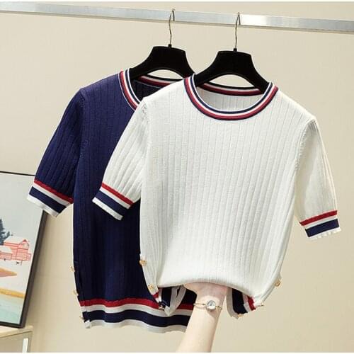 Knitted T Shirt Short Sleeve O Neck Women Tshirt Korean Fashion White Thin Summer New Knit T-shirt Femme Tee Tops Woman Tshirts
