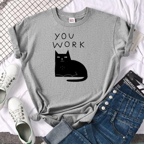 You Work It Out Black Cat Printing Tshirt Woman Streetwear Loose Clothed Casual Oversized Tshirts Fashion Vintage Female T-Shirt