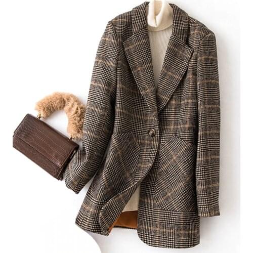 Wenfly Women Clothing Vintage Korean Plaid Suist Jacket Ladies Casual Wool Blazer Thick Single Breastered Warm Outerwear
