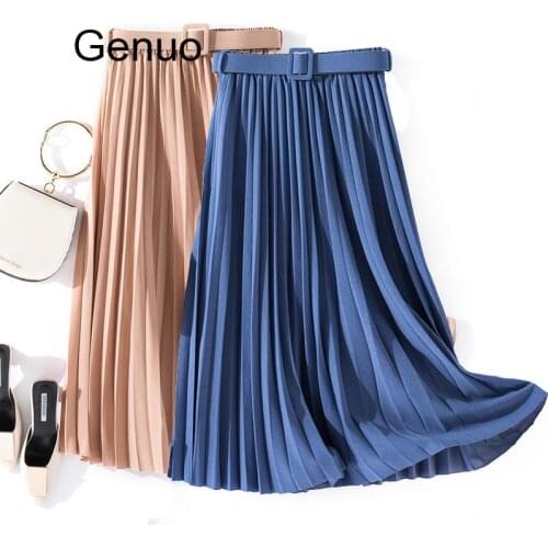 Autumn Summer Women Vintage Elegant Midi Skirt With Belt Women High Waist Pleated Skirts Womens Lady Casual Skirts Female