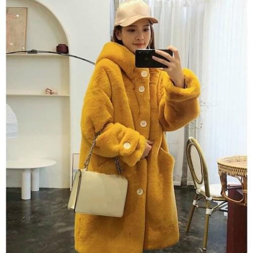 Winter Women Faux Rabbit Fur Coat Luxury Long Fur Coat Loose Lapel OverCoat Thick Warm Plus Size Female Plush Coats