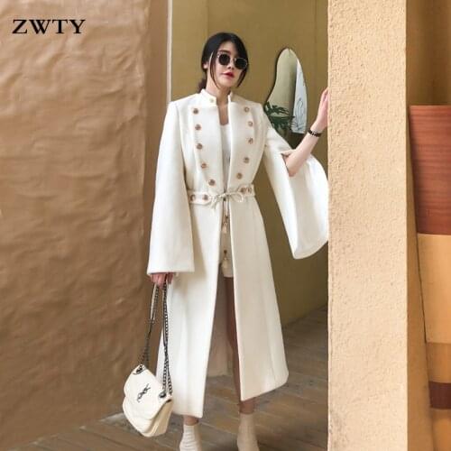 ZWTY Womens White cocoon-shaped double-breasted woolen coat womens mid-length autumn winter Fashion loose high-end cape coat