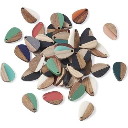 50pcs Mixed Color Drop Shape Resin & Wood Pendants Charm for Jewelry Making DIY Bracelet Neckalce Accessories 21.5x14.5x3.5mm