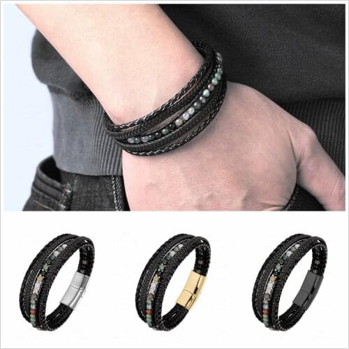 Fashion Braided Multi-layer Genuine Leather Bracelets Men Multi Stone Rope Stainless Steel Charm Bracelet Women Male Jewelry