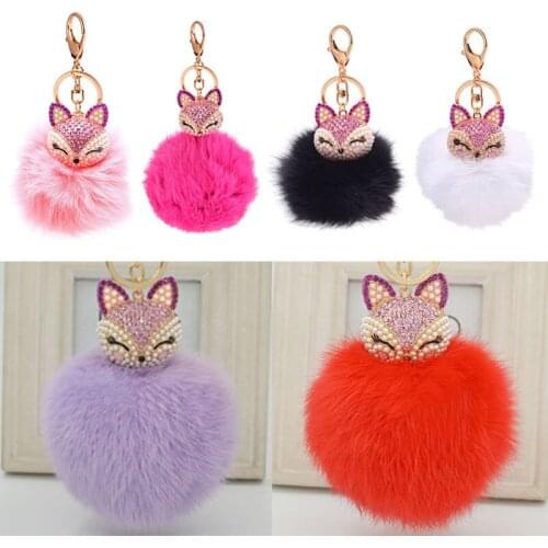 Cute Mini Fox Fur Ball Keychain Handmade Fluffy Fur Pompom Ball Inlaid Rhinestone Lady Bag Accessories Car Key Ring Pendant
