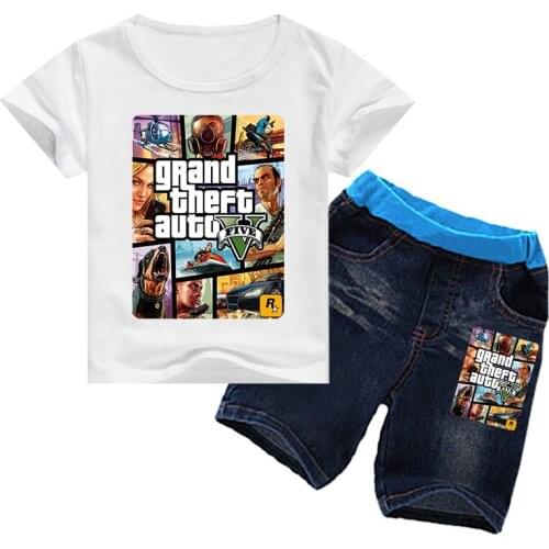 2-16Y Summer Grand Theft Auto Game GTA 5 T Shirt Short Denim 2pcs Set Kids Casual Suit Baby Boys Sportsuit Girls Running Outfits
