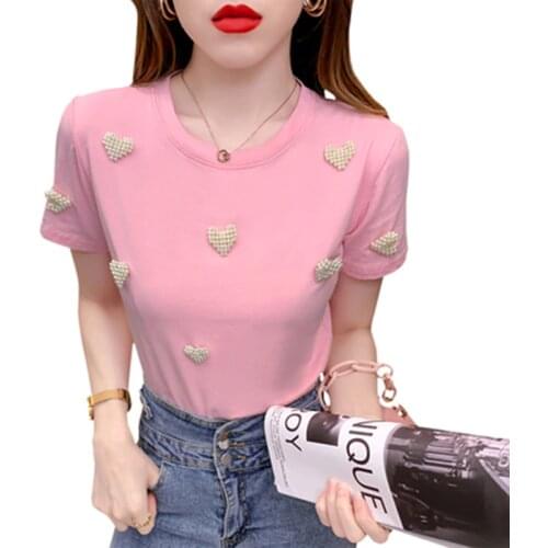 GGRIGHT Summer Tees Beading Love T-Shirt Woman Casual Tshirt Femme 2021Short Sleeve T Shirt Women Cotton Slim Pink White Tops
