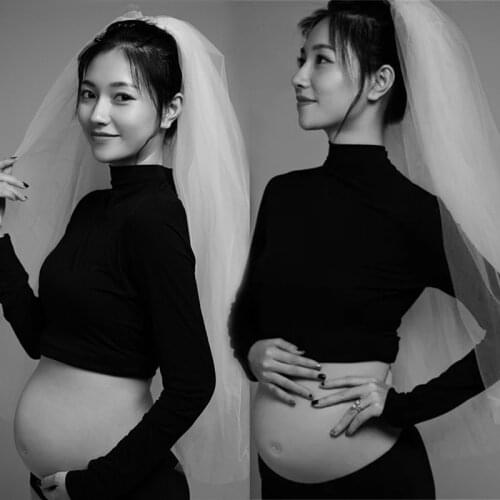 3 PCS Pregrance Black Full Sleeve Top Shorts Tulle Veil Set Studio Photoshoot Clothes Women Photography Props Maternity Dresses