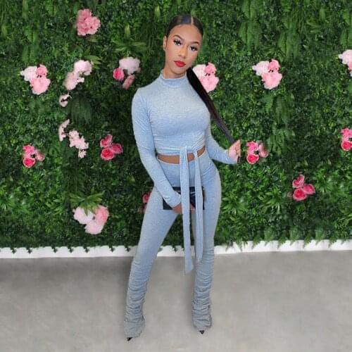 TNNAOFF Rib Two Piece Tracksuits Women Set Overalls Long Sleeve Bandage Tops Trendy Stacked Sweatpants Lounge Wear Matching Sets