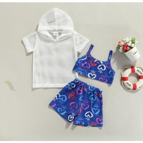 Fashion Toddler Girls Summer Clothes Sets 3pcs Heart Printed Sleeveless Tops Shorts Mesh Hooded Tracksuit Outfit 1-6Y