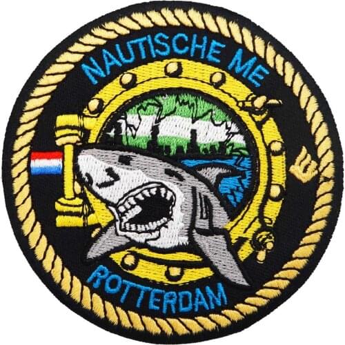 Nautische me rotterdam shark patch iron on backing punk military skull embroidered rider biker patches for back vest hat