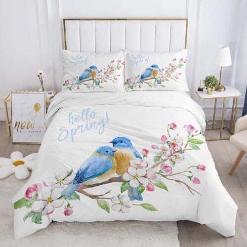 Nordic bedding set Duvet cover set pillow case 50x75 Bed linens Bed cover Single Double Queen Euro Blue bird