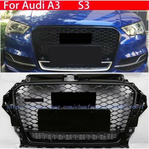 RS3 Style Front Honeycomb Grill Grille For Audi A3 S3 2014 2015 2016 2017 2018 2019 2020 Black Grill Black Rings