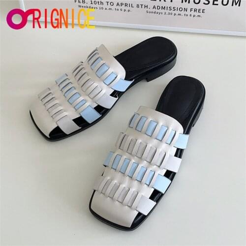 Orignice Rome Vacation Beach Sandals Mules Cow Leather Girls Summer Mixed Color Woven Square Closed Toe Flat Summer Leisure Shoe