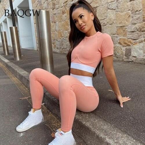 High Elastic Summer Women Short Sleeve Crop Top + High Waist Leggings Set Casual Women Sportswer Two Piece Set Fitness Outfits