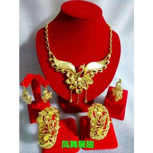 Yulaili Chinese Style Design Gold-color Phoenix Shape Gift Jewelry Sets Necklace Bracelet Earrings Ring Window Jewelry Display