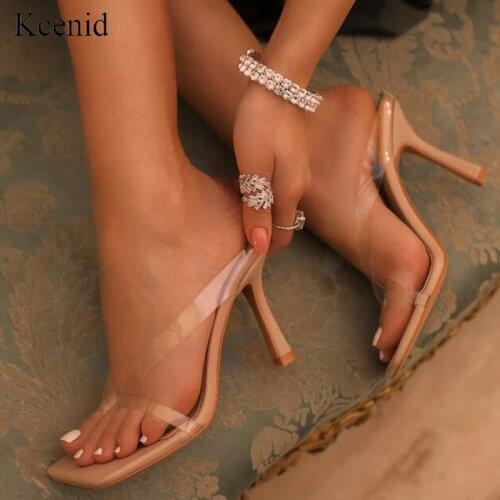 Kcenid New PVC transparent slippers women high heels summer slippers flip flops for women sexy square toe clear sandals shoes