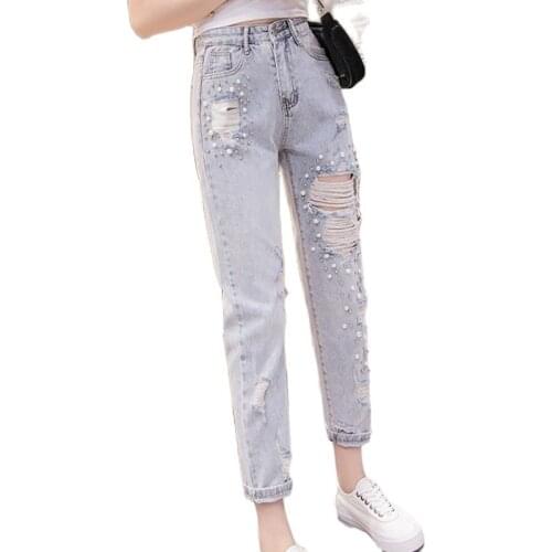 Light Blue Ripped Jeans for Women 2021 Street Style Sexy Mid Rise Distressed Trouser Stretch Skinny Hole Denim Pencil Pants
