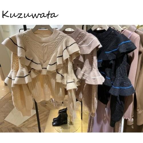 Patchwork Twist Sweet Women Sweater New Panelled Cascading Ruffle Knitted Pullovers Autumn Winter O-neck Loose Coat