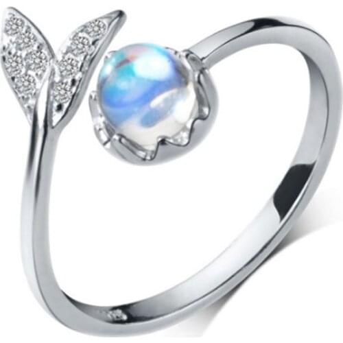 Mermaid Silver Plated rings Blue Magic Water Crystal Ring for women CZ Elegant Ladies jewelry 925 Sterling Tail Moonstone
