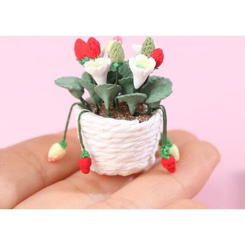 1:12 Dollhouse Miniature Strawberry Potted For Green Plant In Pot Furniture Artificial Flower Home Decor Potted Plants