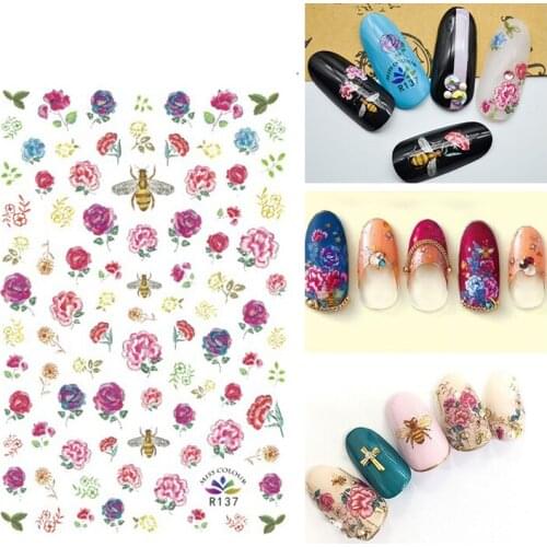 3D Nail Sticker Peony Flower Bee Grass Design Fashion Stickers Autumn Small Adhesive Stickers for Manicure Nail Art Decoration