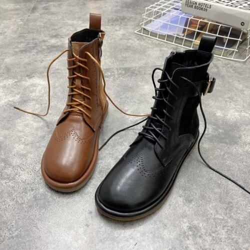 Genuine Leather Flat-Bottomed Comfortable Ladies Martin Boots Spring And Autumn Fashion British Style Lace-Up Short Single Boots