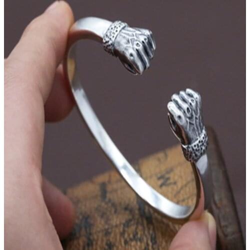 Real 925 Sterling Silver color Creative Fist Bracelet Bangle for Men Women Thai Silver color Opening Bangle Fine Jewelry Gift