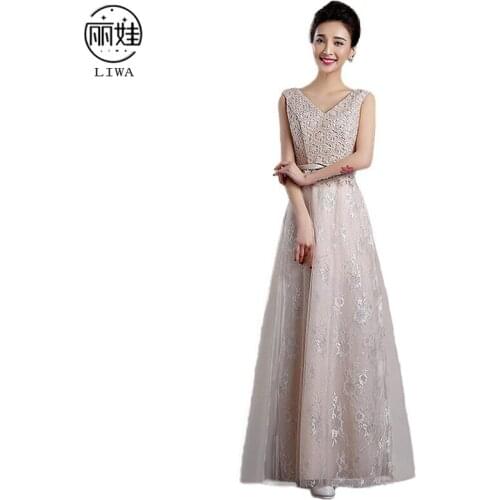 Champagne Color Long Evening Dresses 2016 V-Neck Sexy Shoulders Lace Slim Was Thin Mesh Evening Dress Vestido De Festa BV11