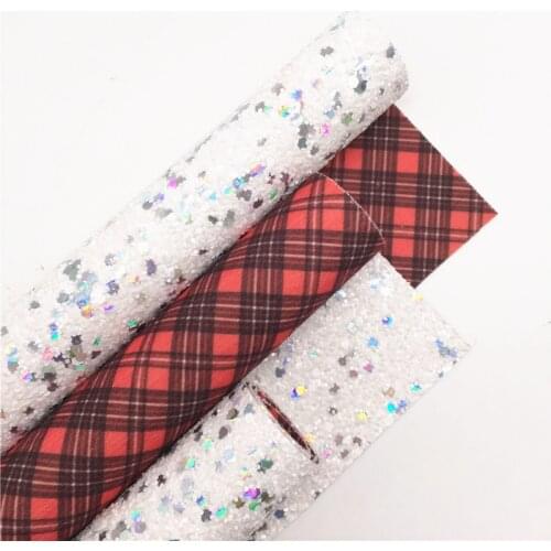 Double Sides Iridescent Chunky Glitter Vinyl Fabric Sheet Felt Backing with Printed Tartans Leather Faux Vinil DIY A4 SIZE 6S28C