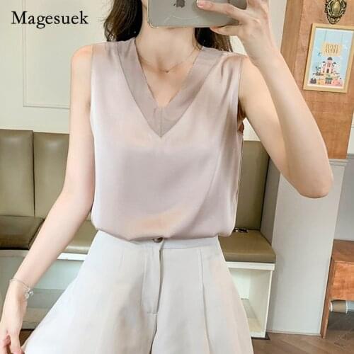 Elegant Simple Loose Shirt Blusa Plus Size 2021 Summer Women New Silk Sleeveless Tops V-neck Base Chiffon Blouse for Women15864
