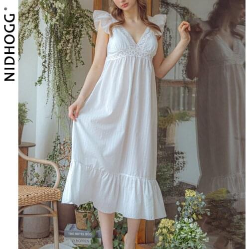 Elegant Dress of Palace Household Clothes Summer V-neck Chest Pad Fashion Ladies Nightdress Cotton Lace Solid Sleeping Dress