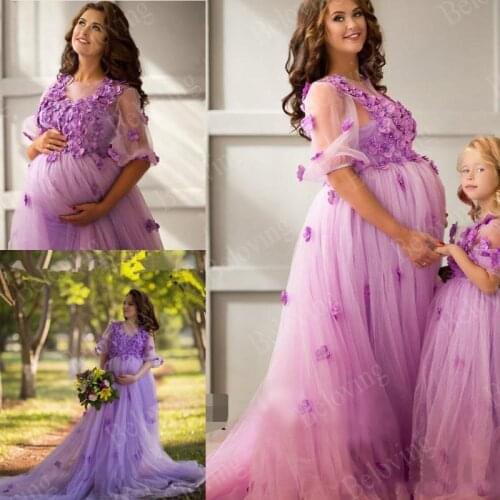 Purple 3D Flower Appliques Pregnant Wedding Dress Princess Half Sleeve Wedding Gown Mother Daughter Dress Wedding Plus Size
