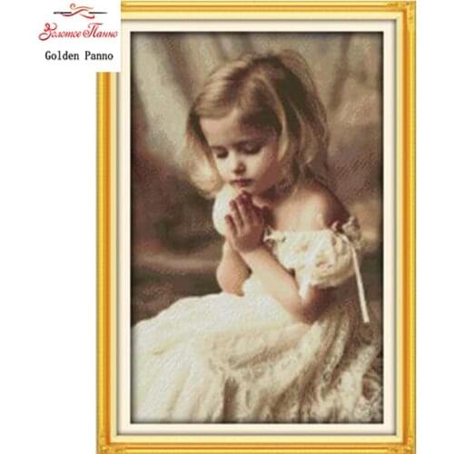 Golden Panno,The pray girl,pattern print on fabric DMC 14CT 11CT Cross Stitch kits,full for embroidery needlework Sets 923