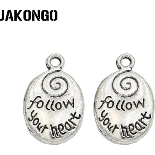 JAKONGO Antique Silver Plated Follow your Heart Charms Pendants Jewelry Findings Accessories Making fit Bracelet DIY 20x12mm
